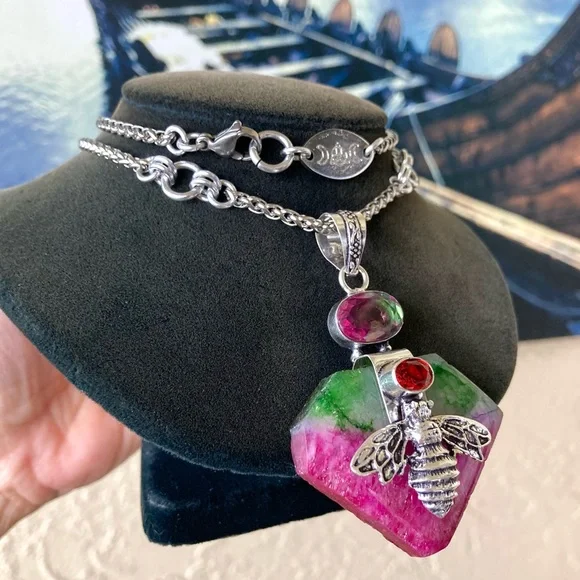 925 sterling silver overlay pink green agate & mystic topaz bee boho necklace . - Picture 7 of 14